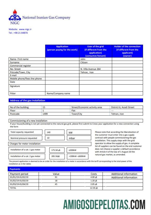 Projeto de lei de serviços públicos de gás da Companhia Nacional de Gás Iraniana do Irã exemplo real